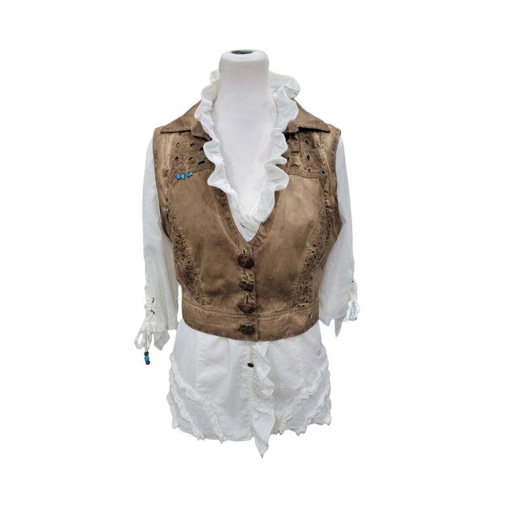 Dismero Italian Ruffle Blouse and Distressed‎ Vest With Turquoise Accents SMALL